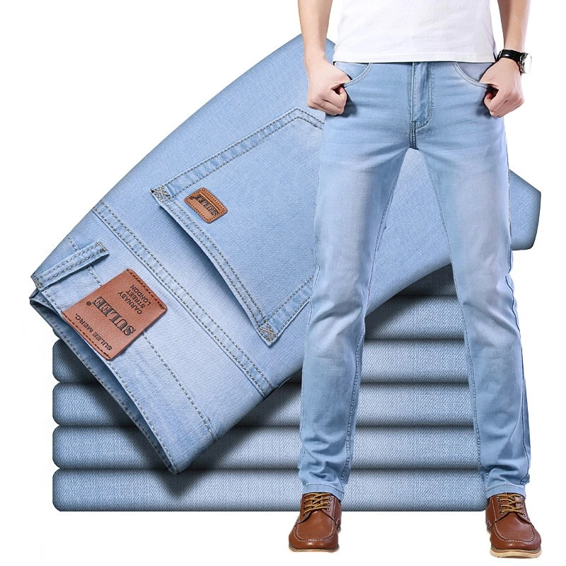 Pantalones vaqueros de elásticos para hombre, Jeans informales de marca, de estilo clásico, ultrafinos, de negocios, color azul claro|Pantalones vaqueros| - AliExpress