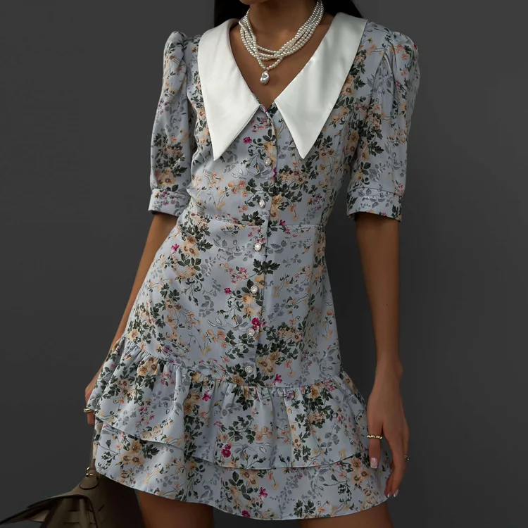 Printed Ruffled V-Neck Mini Dress Female Short Sleeve Fashion Slim High Waist Elegant Party Dress Women's Summer Dress New