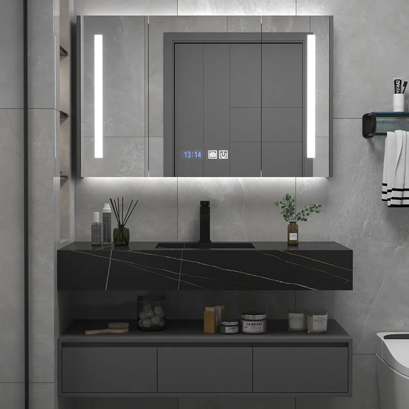 Luxury Hotel Floating Double Basins Bathroom Vanity Set Modern Bath Cabinet With Led Mirror