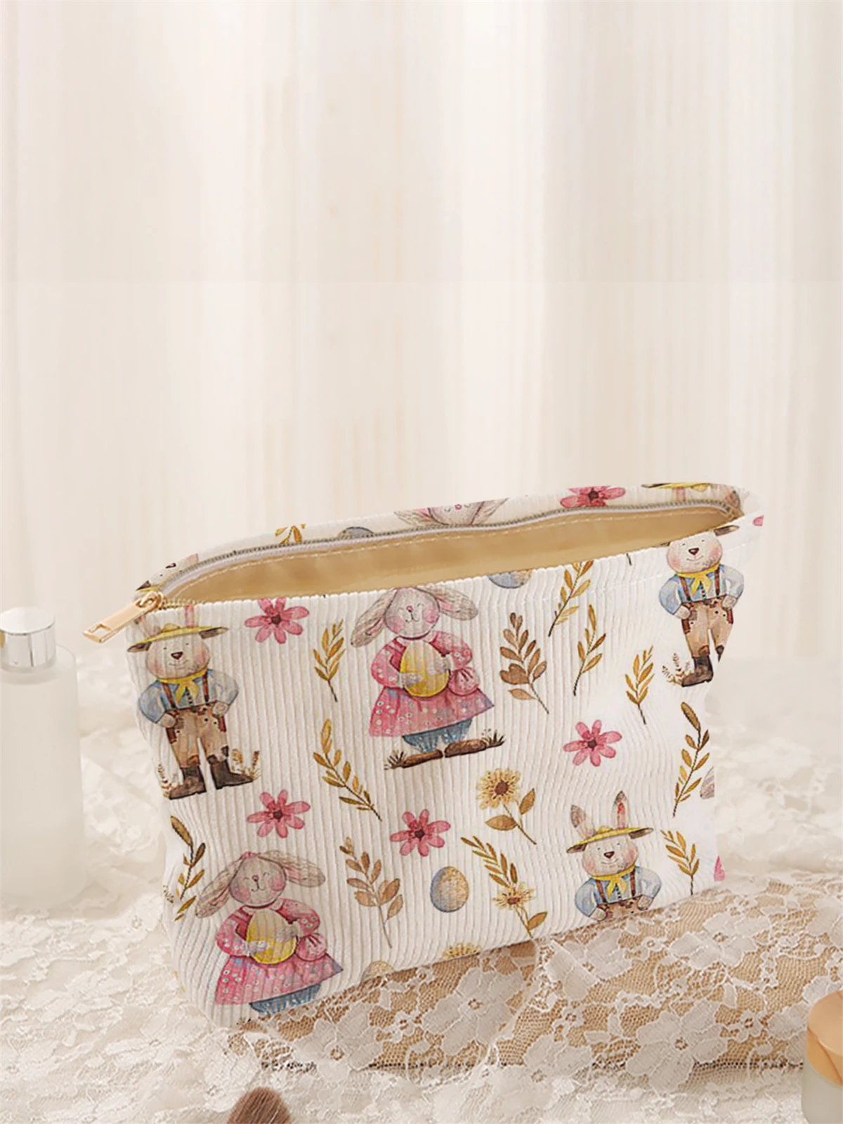 1 rabbit patterned corduroy makeup bag, lightweight zipper makeup storage box, multifunctional bag with lining