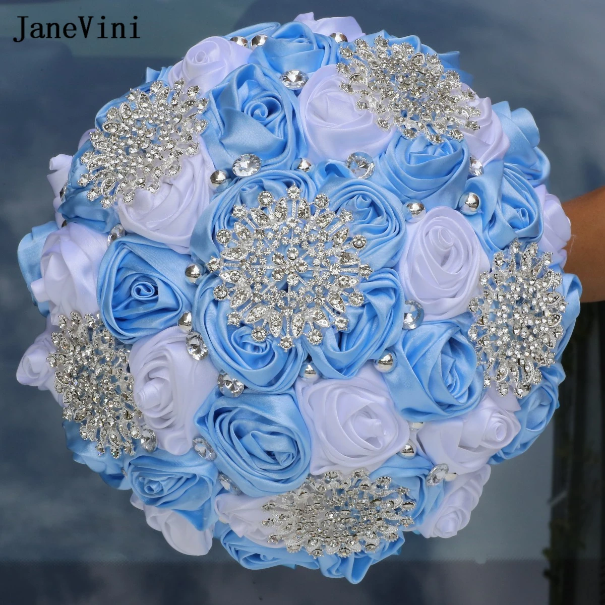 JaneVini Charming Light Blue White Ribbon Flowers Bridal Bouquets with Silver Rhinestone Artificial Satin Roses Wedding Bouquet