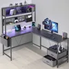 L Shaped Desk with Pegboard and Drawers, Reversible 67” Gaming Desk with RGB Light and Power Outlet, Computer Corner Desk with 1