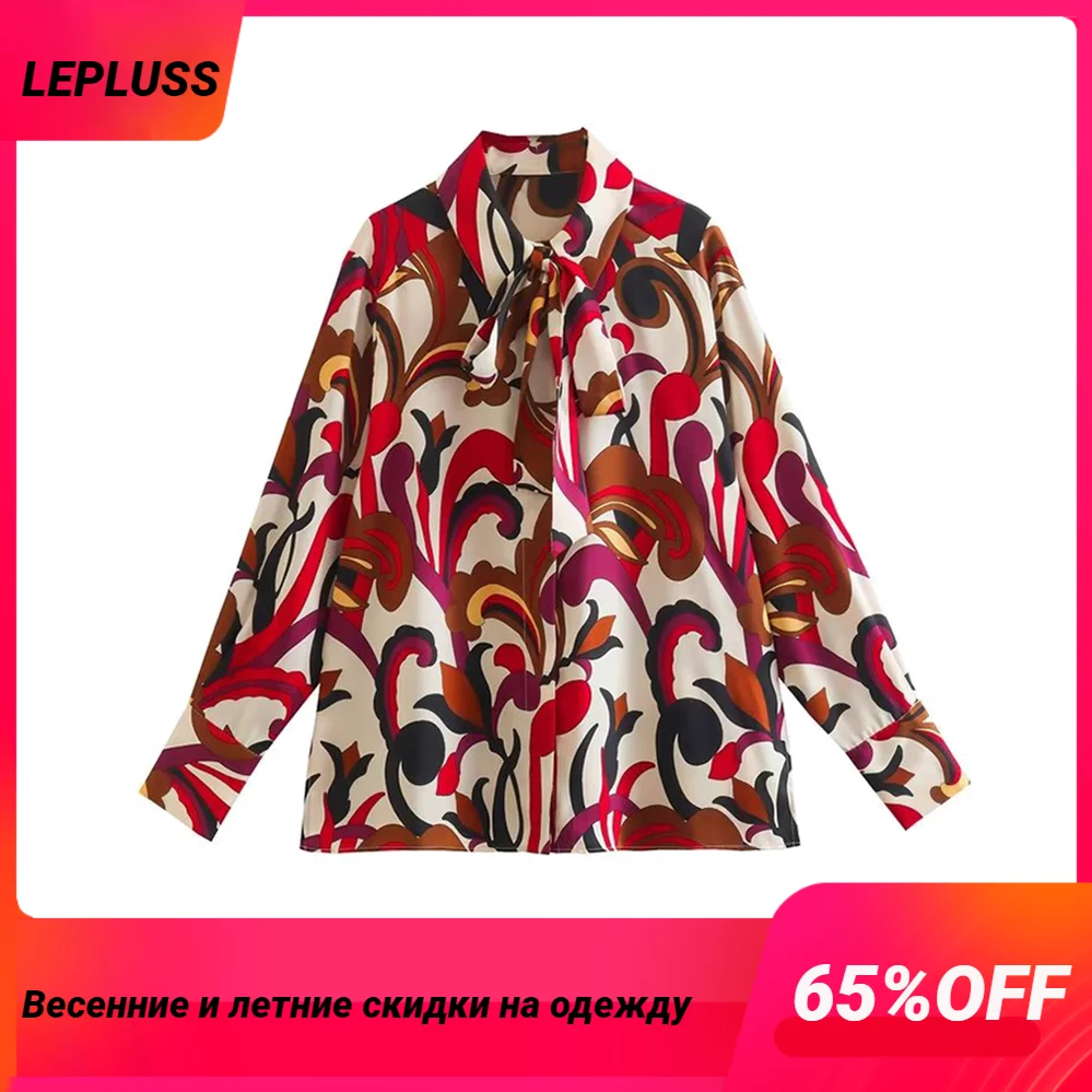 

LEPLUSS Women's print bow tie long sleeve shirt casual resort style top