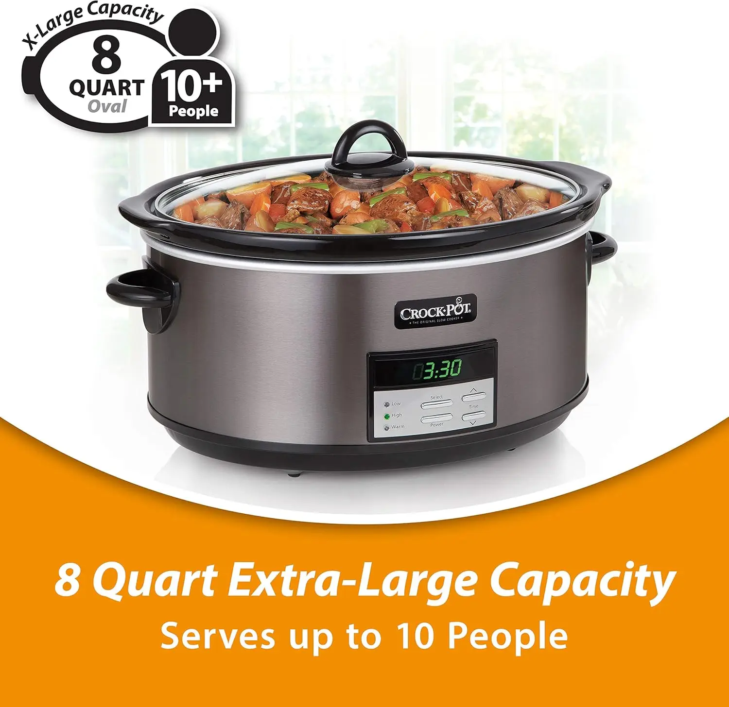 Large 8-Quart Programmable Slow Cooker with Auto Warm Setting, Black Stainless Steel, Includes Cookbook (Pack of 1) 4