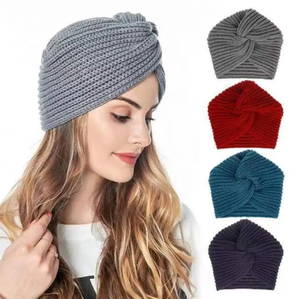 

Fashion Autumn Winter Warmer Knitted Headgear Women Crochet Cross Wide Stretch Ear Cover Hat Soft Thicken