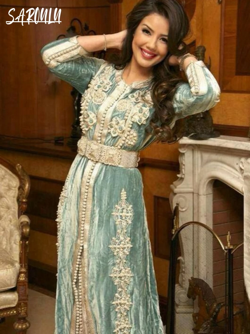 

Fashion Classic O-neck Evening Dresses Velvet A-line Bridal Dress Caftan Appliques Floor-length Gown Robe De Mariée