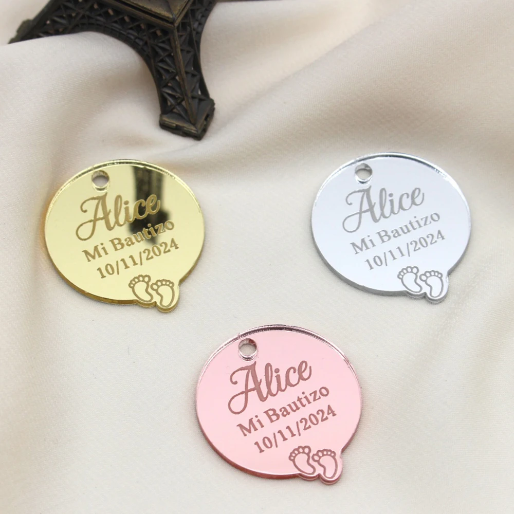 30/50/100pcs תג אישית טבילת התינוק להראות חרוט מראה אקרילי עגול תגים mi bautizo שם מתנה קישוט מותאם אישית