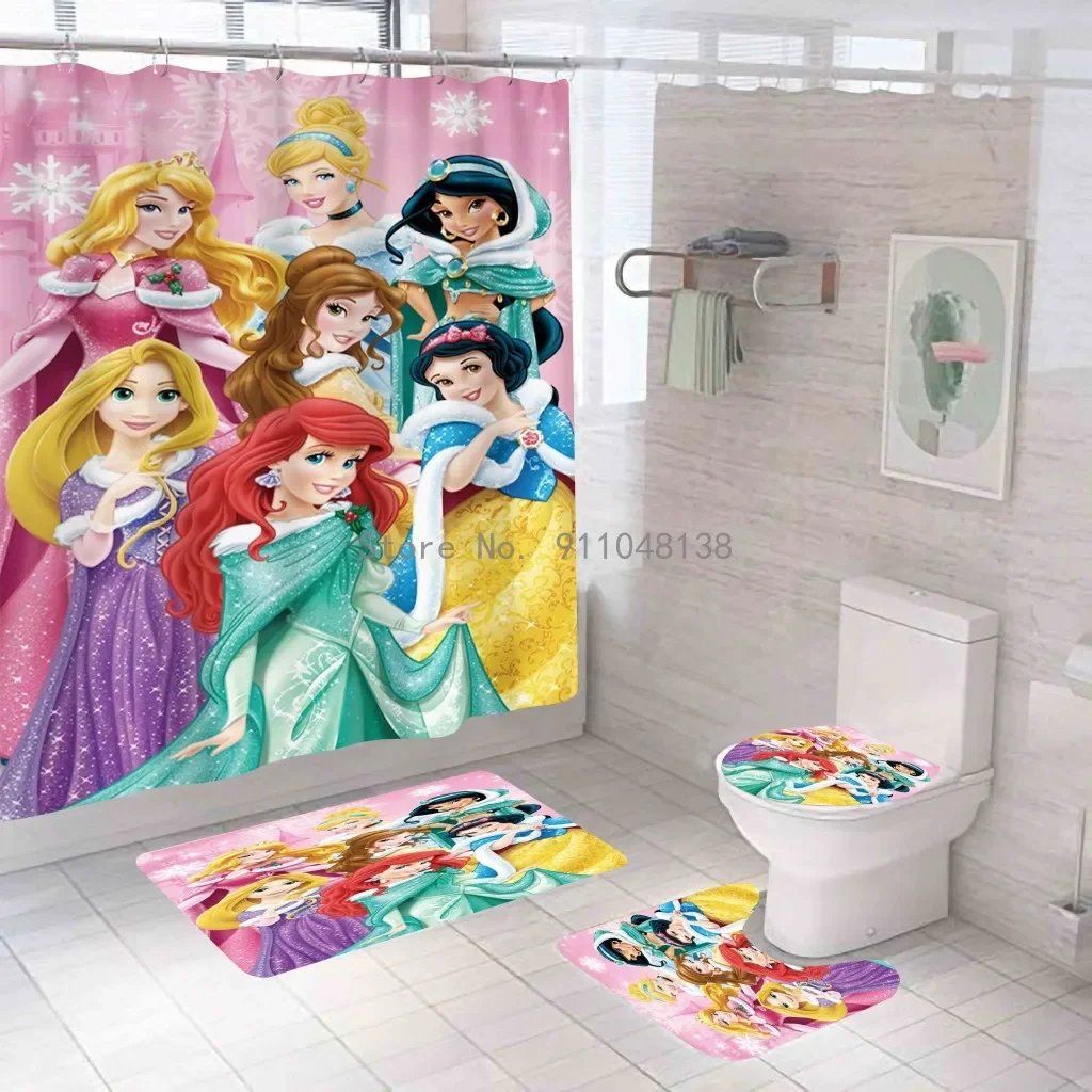 Disney Princess Series 3D Bath Shower Curtain Waterproof Curtains In The Bathroom With Hook Set Soft Bath Mat Toilet Carpet Rugs