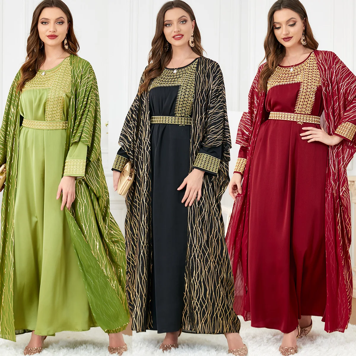 

Muslim Abaya Women's Robe 2Pcs/Sets 2024 New Fashion Round Neck Embroidery Gilded Long Sleeve Dress + Cardigan Two-piece