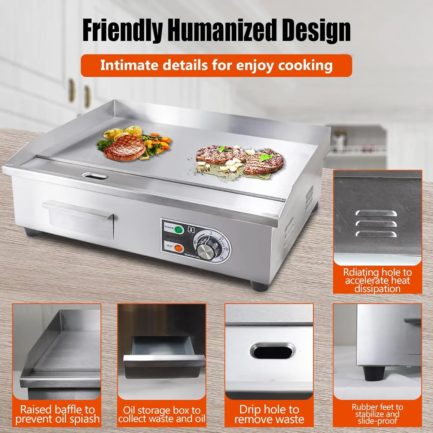 Electric Griddle,Electric Countertop Flat Top Griddle,110V 1600W Electric Flat Top Grill,Non-Stick Restaurant Teppanyaki Stainle 5
