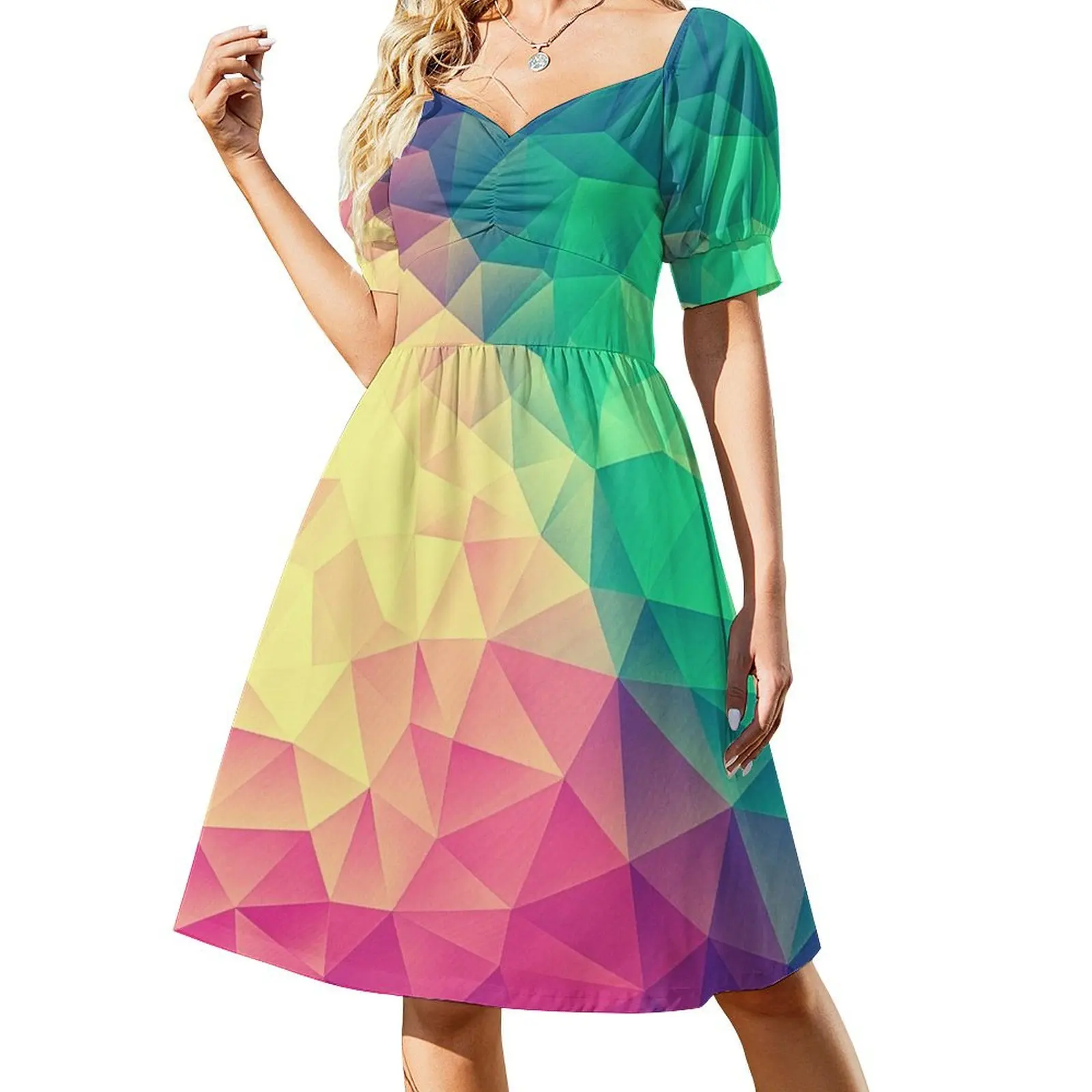 Vestido de verano para mujer, manga corta, diseño de orgullo LGBT, triángulo, cubismo, multicolor, polígono abstracto, bajo en poli, diseño de orgullo LGBT.
