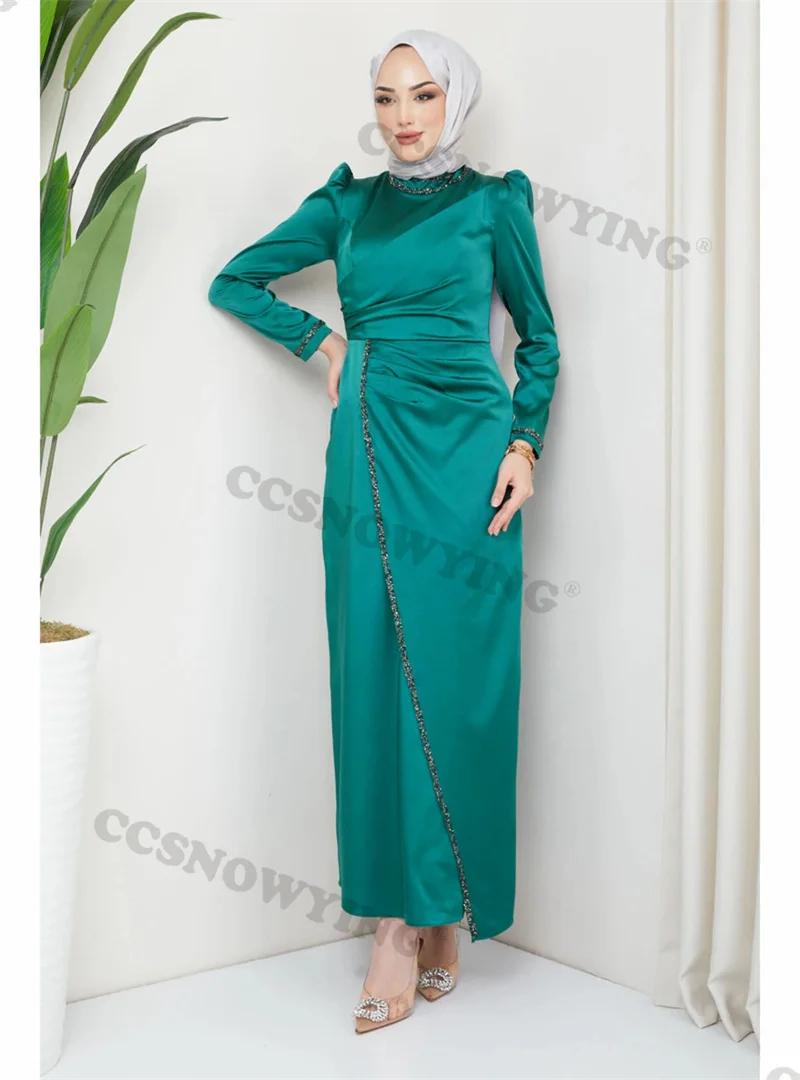 

Satin Beaded Long Sleeve Muslim Evening Dress High Neck Hijab Prom Formal Party Gown Arabic Dubai Kaftan Robes De Soirée