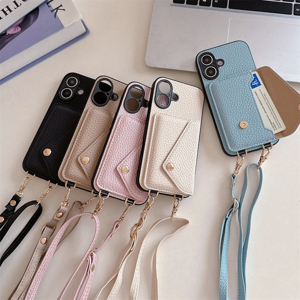 Custodia in pelle con tracolla di lusso per iPhone 16 13 15 12 14 11 Pro Max X XS XR 7 8 SE Plus con tasca per carte di credito e cordino_voghion.com