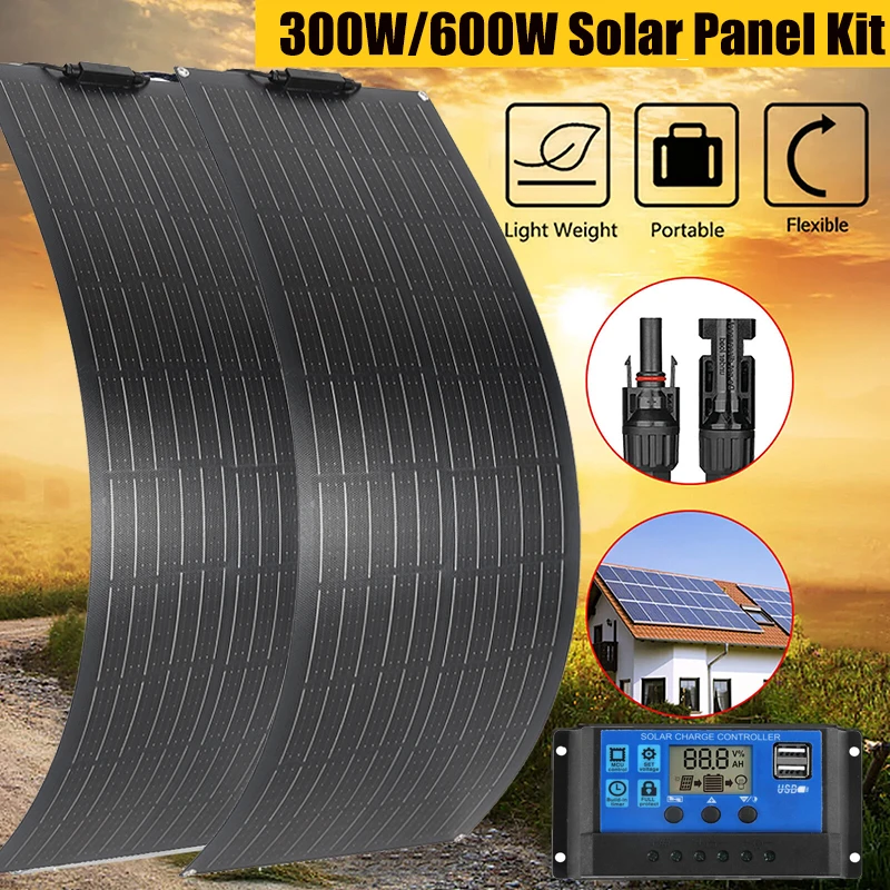 300W 600W Flexible Solar Panel 12V 24V Solar Charge Battery Kit with 30A/60A Controller for Camping RV Home Power Bank portable solar panel solar charger panels flexible solar panel solar panel kit solar panels solar charger solar battery charger