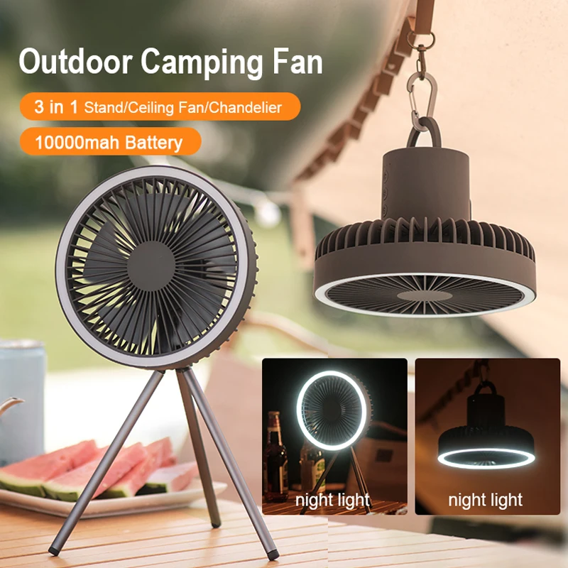 Multifunction Home Outdoor Camping Ceiling Fan 10000mAh USB Chargeable Desk Tripod Stand Air Cooling Fan with LED Lighting