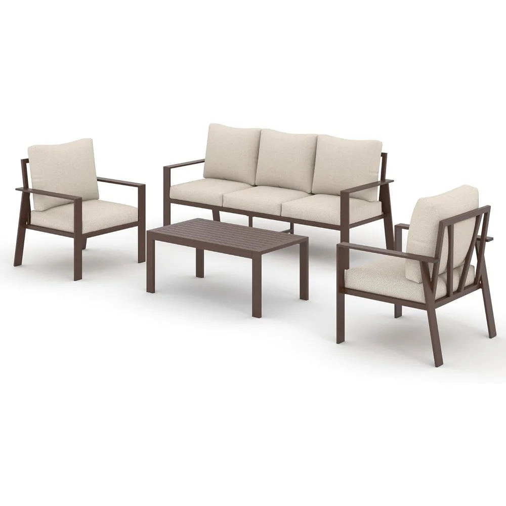 4 Pieces Aluminum Patio Furniture Set, 5-Seat Outdoor Metal Furniture Set with 4" Water-Resistant Cushion & Coffee Table 2