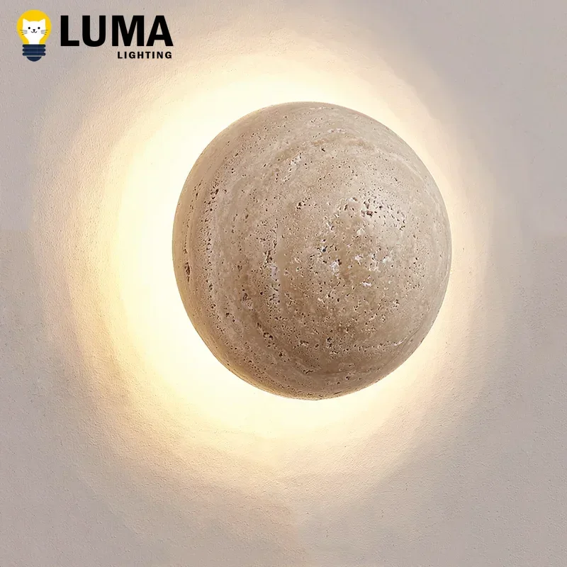 Luma Wabi-sabi Japanese Style Yellow Travertine Wall Lamp Natural Cave Stone for Bedside Stair Home Decor Outdoor Waterproof Dec