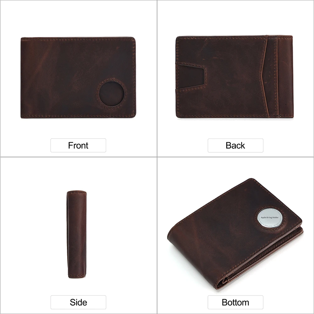 Crazy Horse Leather Men Wallet with Tracker Pocket Coin Purse Small Mini Card Holder RFID Male Wallet Air Tag Holder Cover Purse