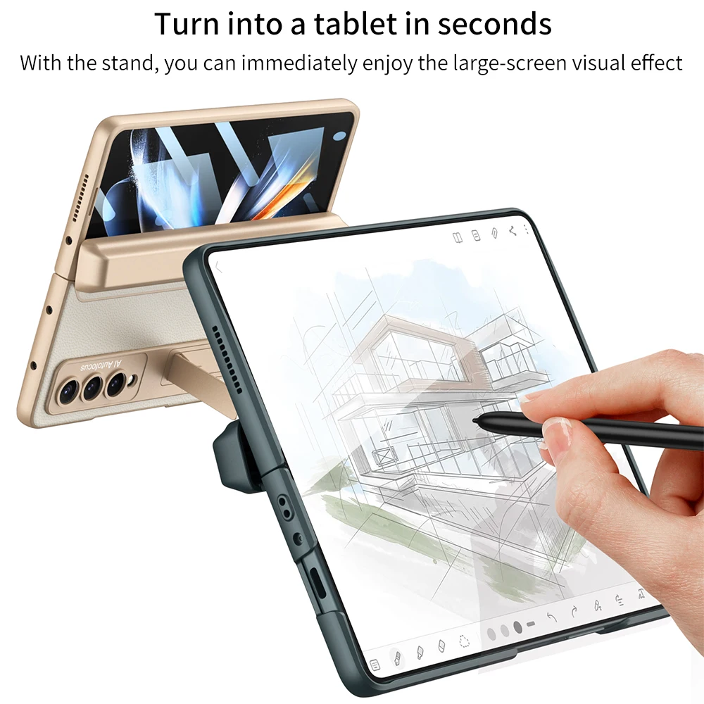 Vegan Leather Magnetic Hinge Protector Hidden Pen Holder Case For Samsung Galaxy Z Fold4 Stand Cover Built in Screen Protector