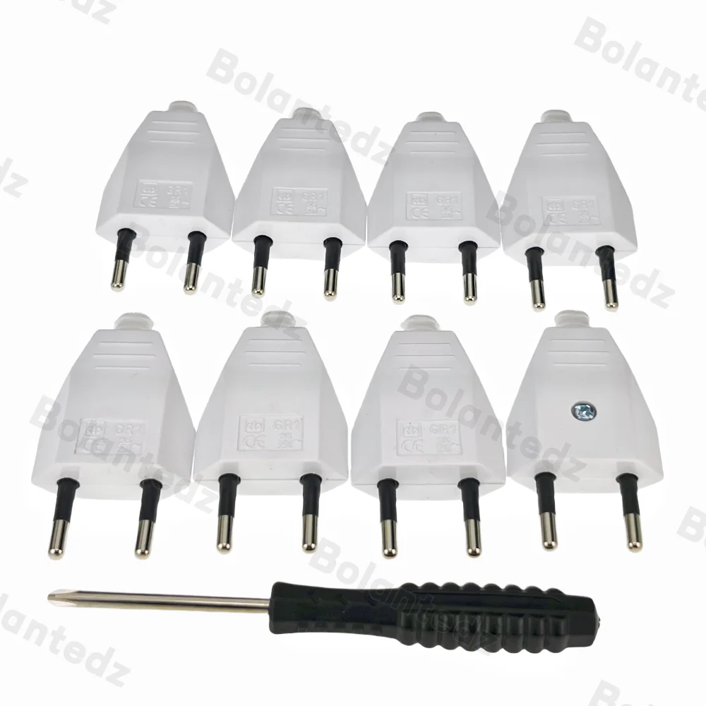 EU European Plug with Screwdriver 2 Pin Male AC Electric Power Socket Adapter 110V~250V Rewireable Extension Cord Connector 8pcs