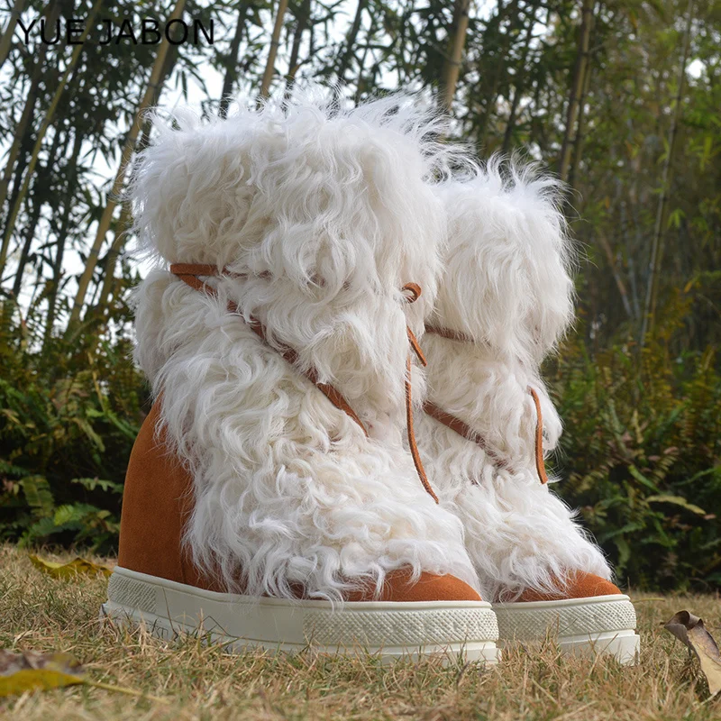 

White Fur Middle Calf Snow Boots Winter Warm Bandage Shoes Thick Platform Sole Height Increased Roman Ankle Boots Women Shoes