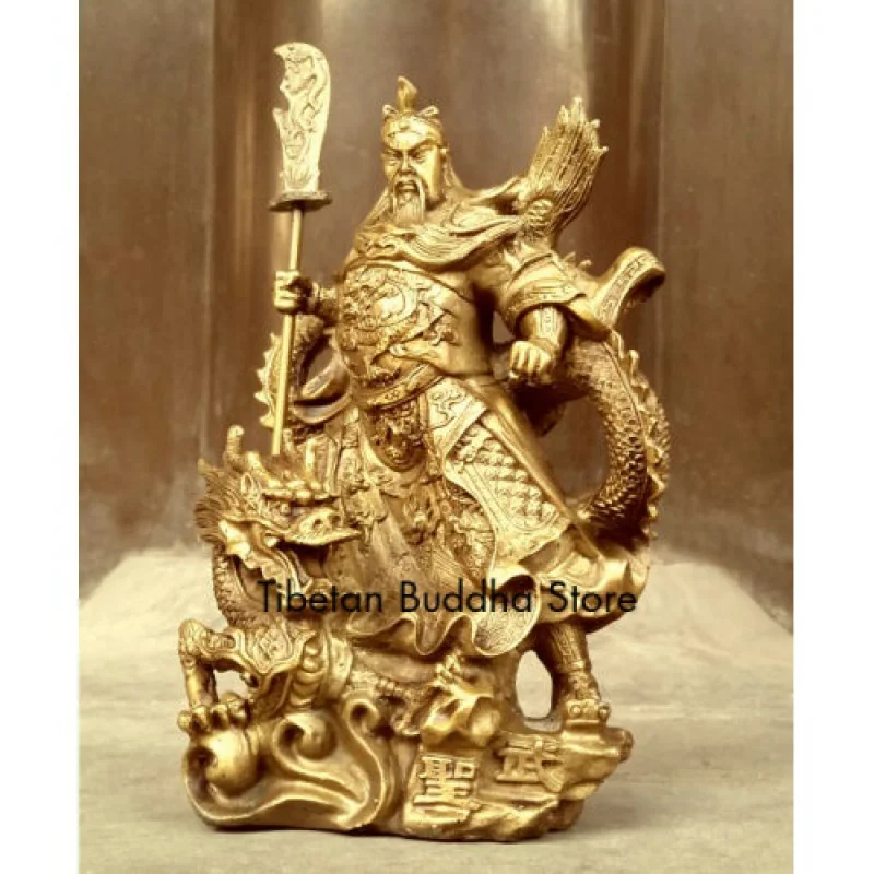 

heroic Guan Gong Yu old Bronze Warrior God Sword Stand in Dragon Statue