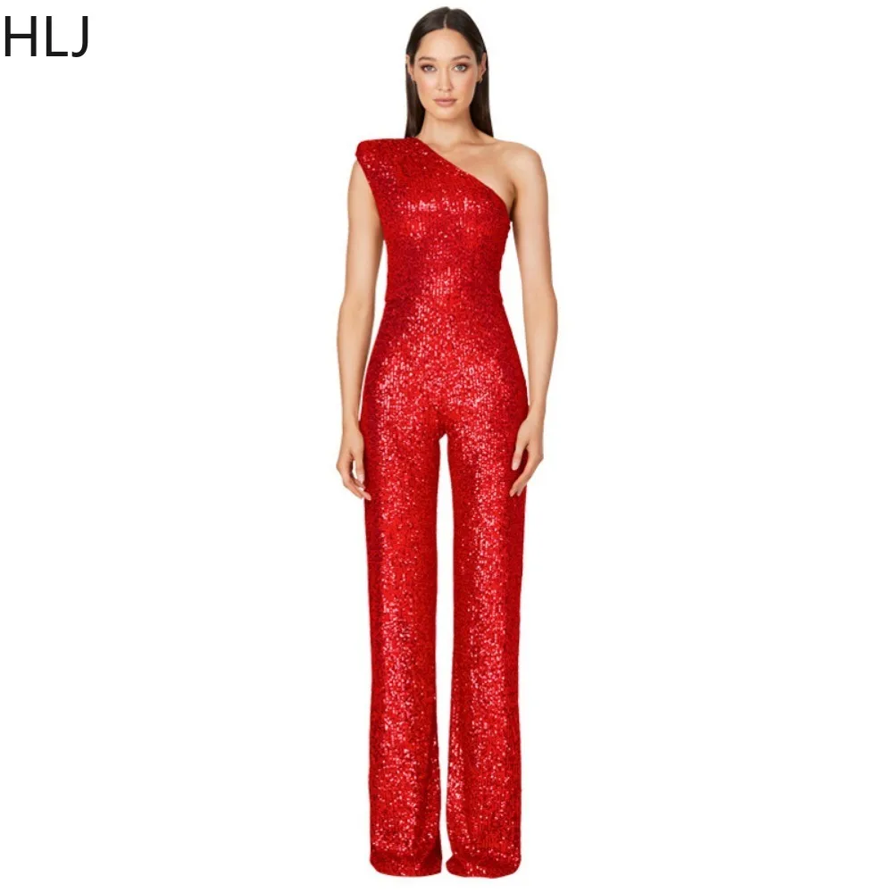 HLJ Elegant Lady Sequin One Shoulder Straight Jumpsuits Women Sleeveless Slim Party Club Playsuits Spring New One Piece Overalls