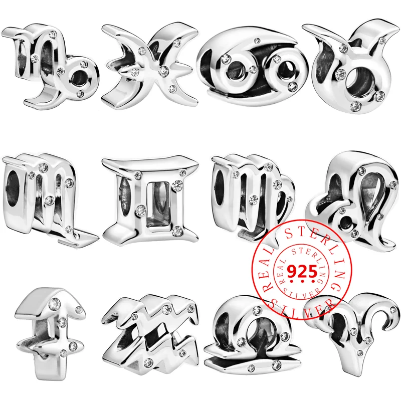 

New 100% 925 Sterling Silver Twelve Constellation Series Fine Beads Fit Original Pandora Charms Bracelet Bangle DIY Jewelry Gift