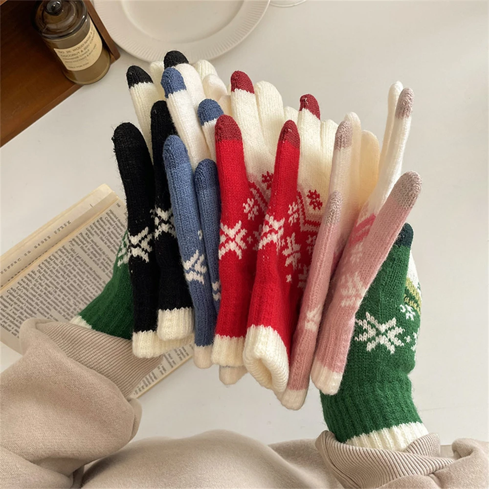 

2024 Winter Warm Gloves Christmas Snowflake Knitted Gloves Wool Touchscreen Mittens Thickened Cold Proof Cycling Couple Fingers