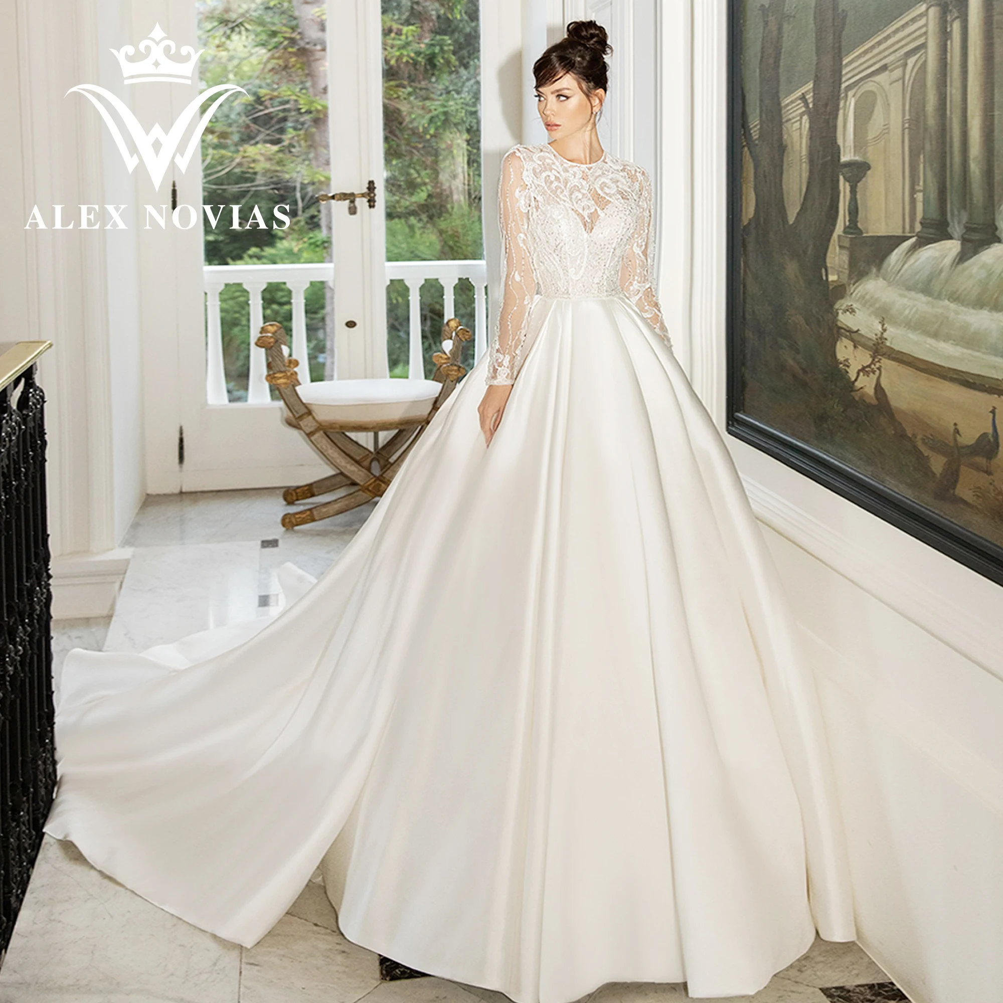 

Свадебное атласное платье с длинным рукавом ALEX NOVIAS, романтичное свадебное платье-трапеция с глубоким круглым вырезом, аппликацией и блестками, 2023