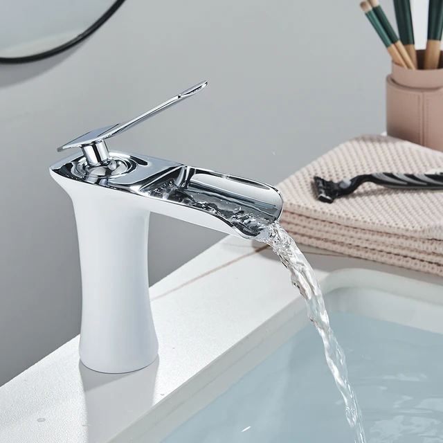 ก๊อกน้ำอ่างล้างหน้าแบบน้ำตก สีขาว ติดตั้งบนเคาน์เตอร์ ทำจากทองเหลือง ก๊อกน้ำแบบก้านโยกเดี่ยว น้ำร้อนน้ำเย็น 3