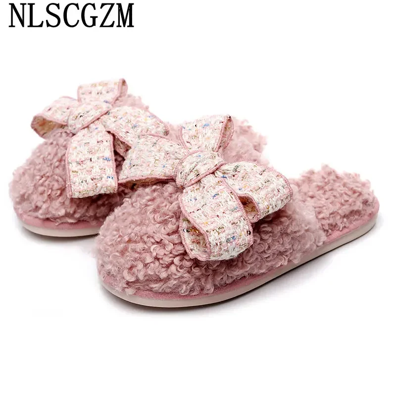 

Мюли женские на меху, Роскошные теплые зимние тапки, с бантом-бабочкой