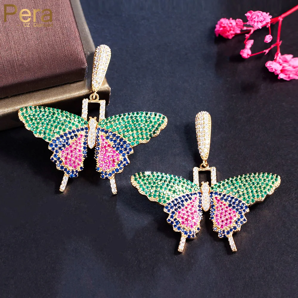 

Pera Lovely Dangle Big Colorful Butterfly Cubic Zirconia Long Gold Color Drop Earrings for Women Pendientes Party Jewelry E964