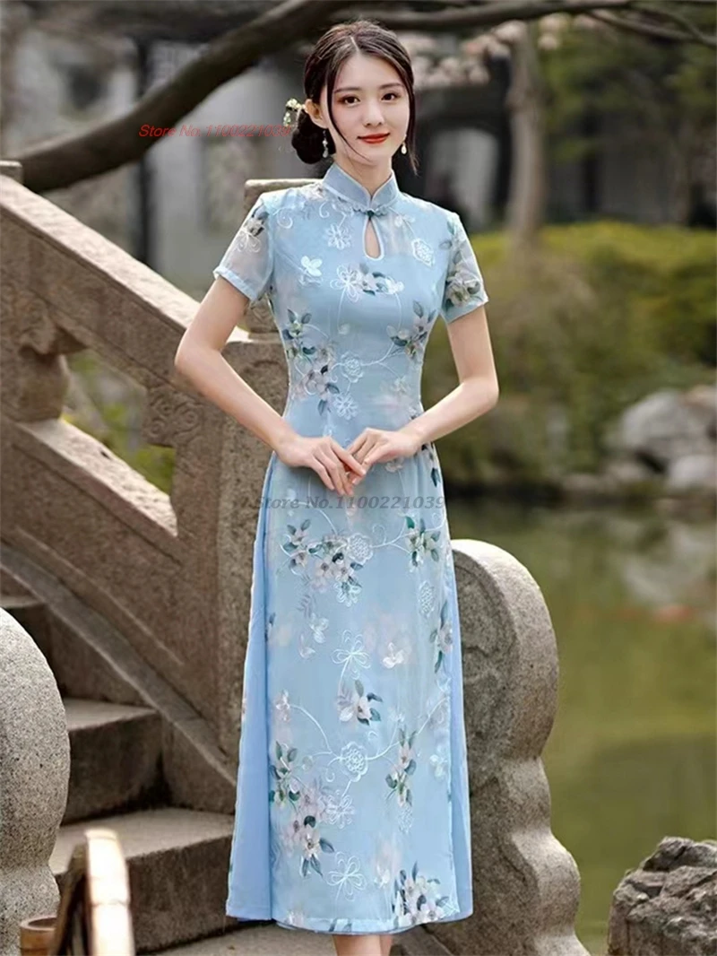

Традиционное вьетнамское платье aodai, улучшенное платье-Ципао с национальным цветочным принтом, праздничное вечернее платье-Ципао, 2024
