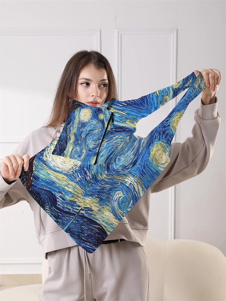 Women's Foldable Starry Sky Oil Painting Pattern Large Shopping Bag Foldable Storage Reusable Easy to Carry Capacity Handbag