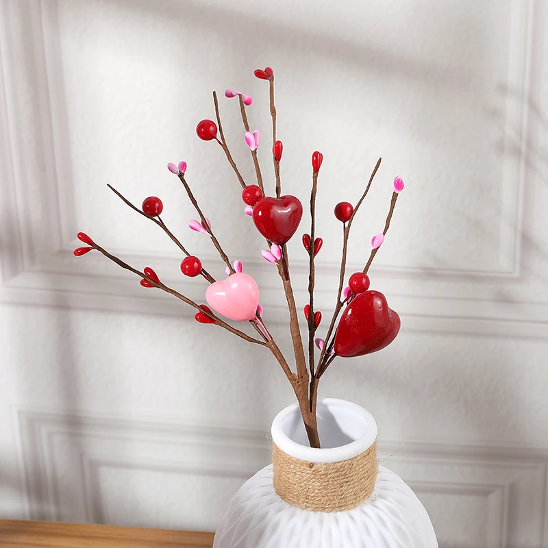 5pcs/lot Artificial Heart Shaped Berry Picks Flower Stem Branches for Valentines Day Wedding Party Home Table Decoration Gifts