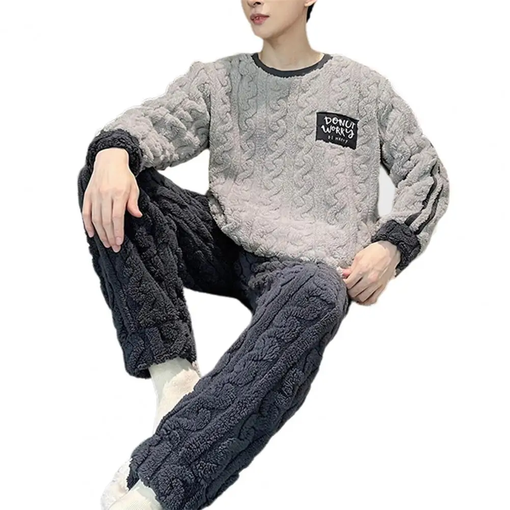 Men's Pajamas Set Round Neck Long Sleeve Thick Twisted Texture for Men