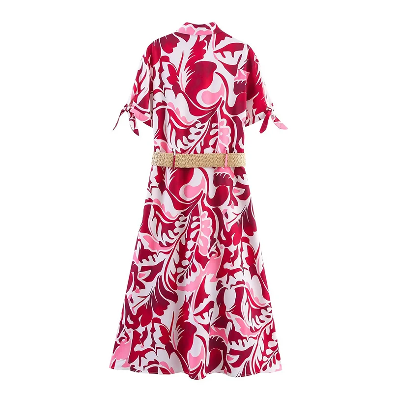 2025 Elegant Casual Chic Women Dress Fashion Print Sashes Bow Sleeve Midi Dress New Fashion Summer Holiday Office Dress