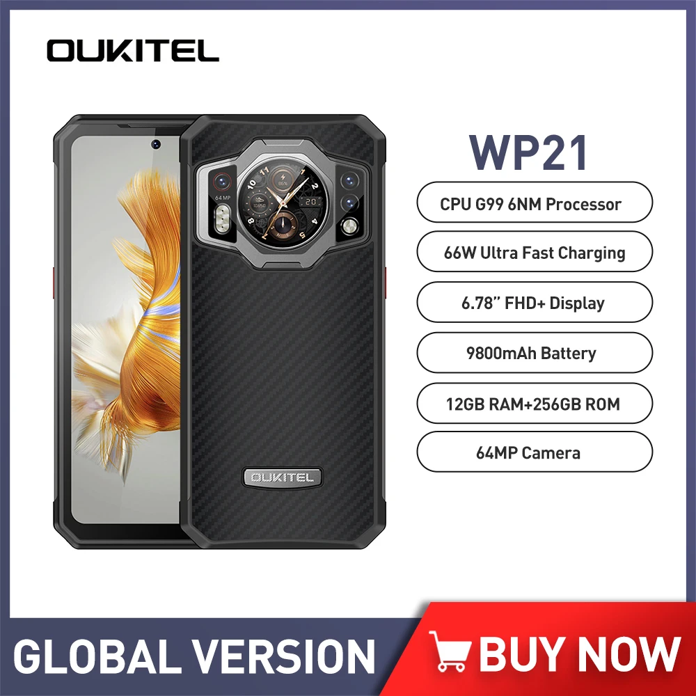 Oukitel WP21 Rugged Cellphone 12GB+256GB Night Vision Helio G99 Mobile Phone 64MP Camera 9800mAh battery 66W 120Hz Smartphone