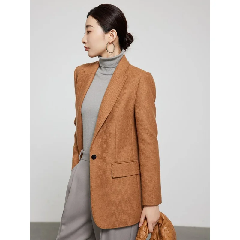 Women's Classic One-Button Herringbone Cashmere Wool Suit Slim Fit Thick Suit Coat Autumn and Winter