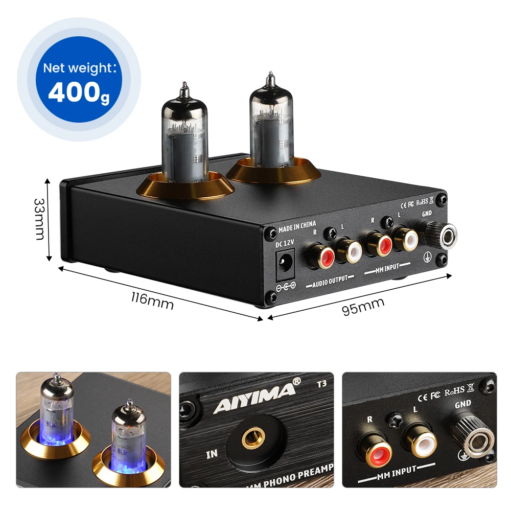 AIYIMA T3 HiFi Vacuum 6A2 Tube MM Phono Preamplifier Vinyl Record Player Stereo Tube Pre amp Amplifier Turntable Phonograph 12V 4
