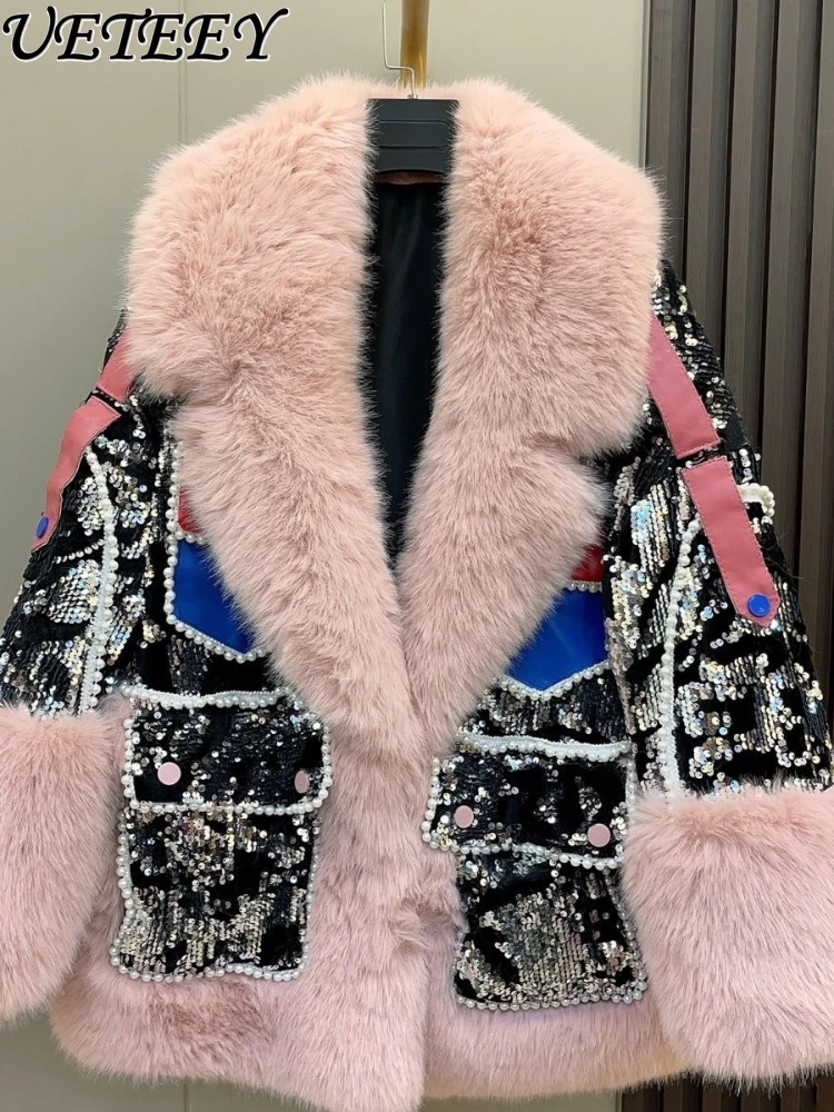 

Women Fur Coat Heavy Embroidery Sequins Luxury Long-Sleeve Toka Warm Mid-Length Casual Western Style Plush Jacket Winter Clothes