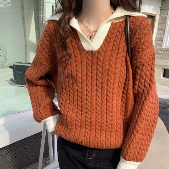 

Coffee Lapel Girl Pullover Woman Sweater Knit T Shirt Tops Casual Blouse for Women Sweaters Fall Spring Top Coat Cloth Suétere