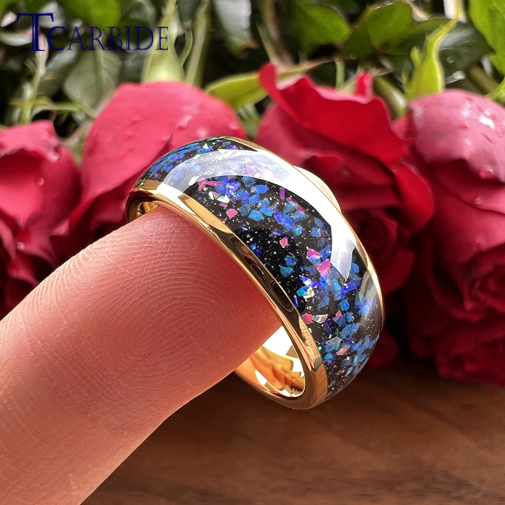 8mm Black Tungsten Engagement Wedding Band Men Women Ring Galaxy Series Opal Inlay Dome Polish Fashion Gift Jewelry Comfort Fit