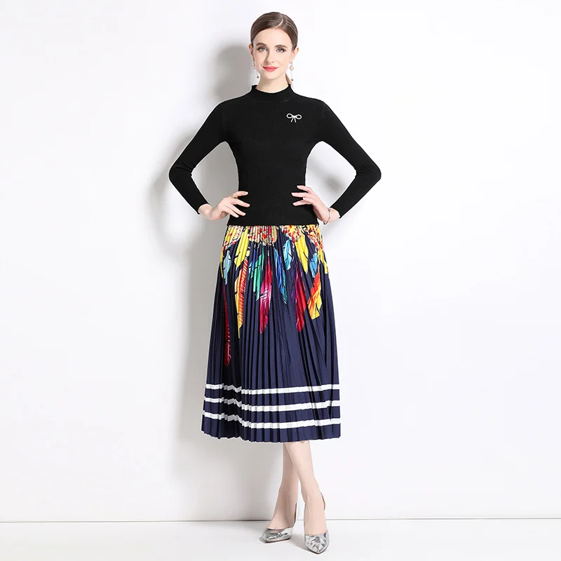 

Black suit skirt autumn new temperament elegant women's fit mid-length high-waisted long-sleeved two-piece set free shipping
