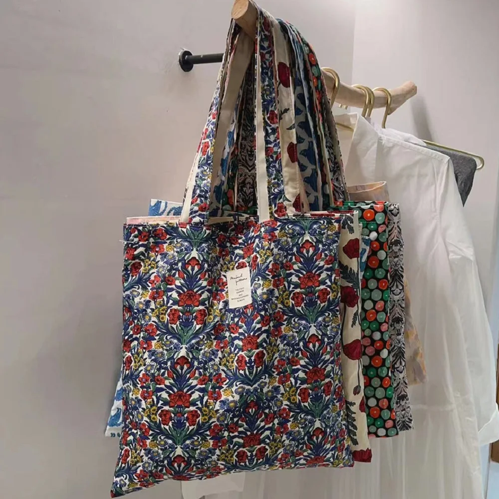 

Eco Canvas Floral Women Shoulder Shopping Bag Cloth Reusable Foldable Grocery Shopper Tote Bags Girl 's Fabric Bookbag Handbag