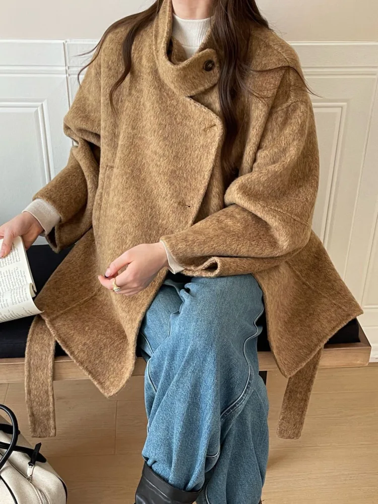 ZMEENNA Womens Chic Wool Blend Short Coat With High Collar