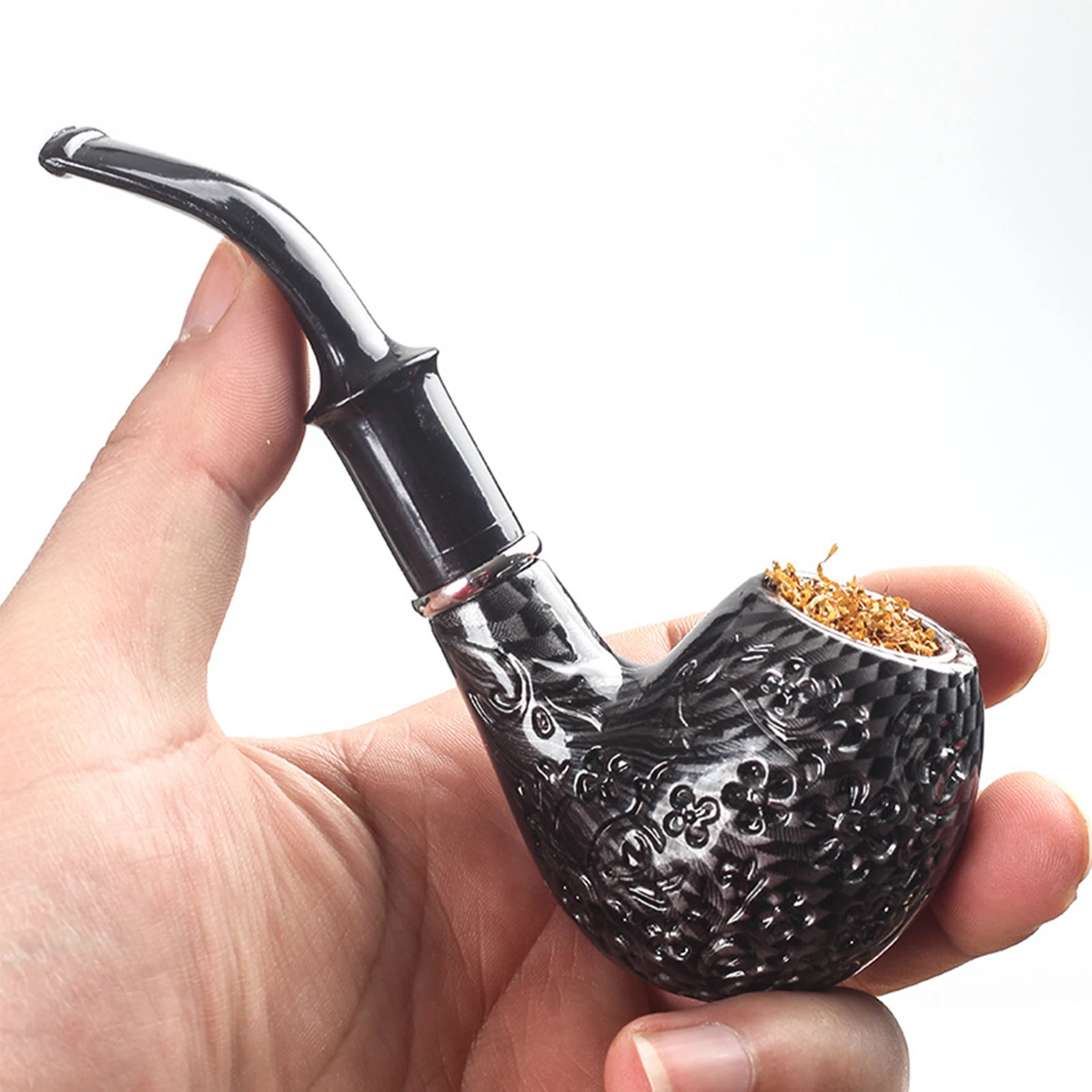1pc Cigarette Tobacco Black Carved Curved Resin Pipe, Detachable Resin Tobacco Pipe, Smoking Pipe