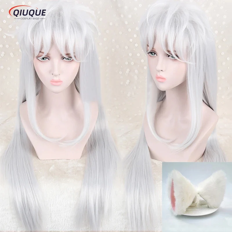 

Inuyasha 100cm Long White Styled Sesshoumaru Cosplay Wig With Ears Heat Resistant Hair Cosplay Wig + Free Wig Cap