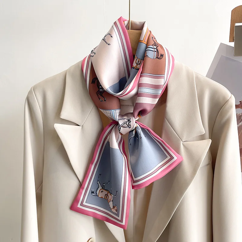 Fashion New Small Silk Scarf Women Tie Bag Headband Horse Printing Hairband Korean Style Neckerchief Ribbon Luxury Brand 3